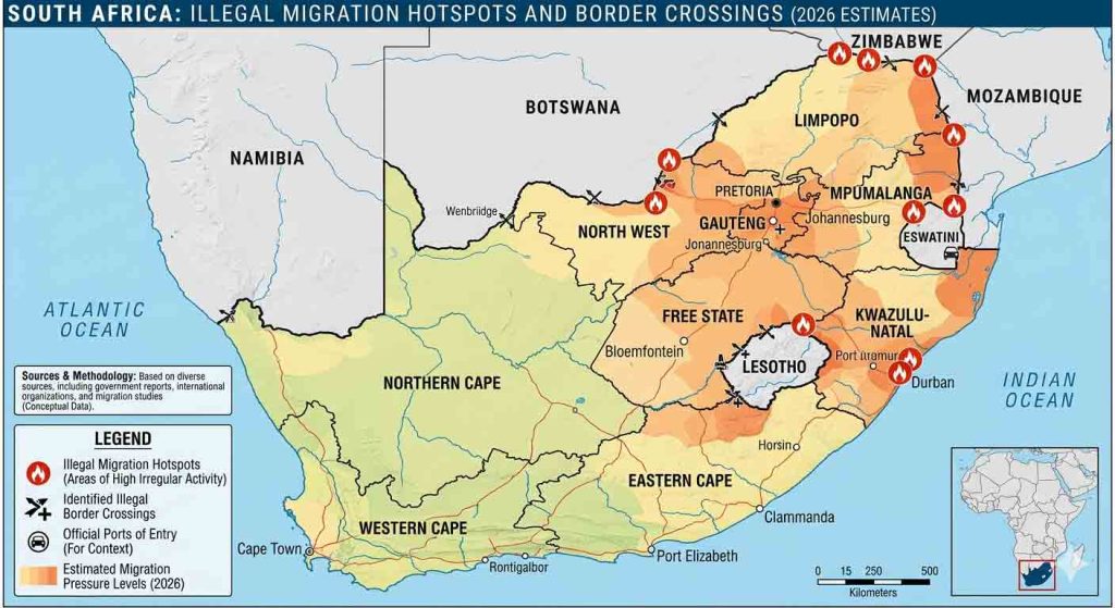 "Map of South Africa showing illegal migration hotspots and border crossings 2026"